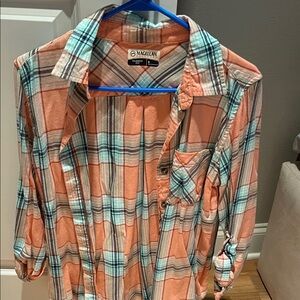 Women’s Magellan Outdoors Orange and Blue Plaid Button Down Shirt- size Small